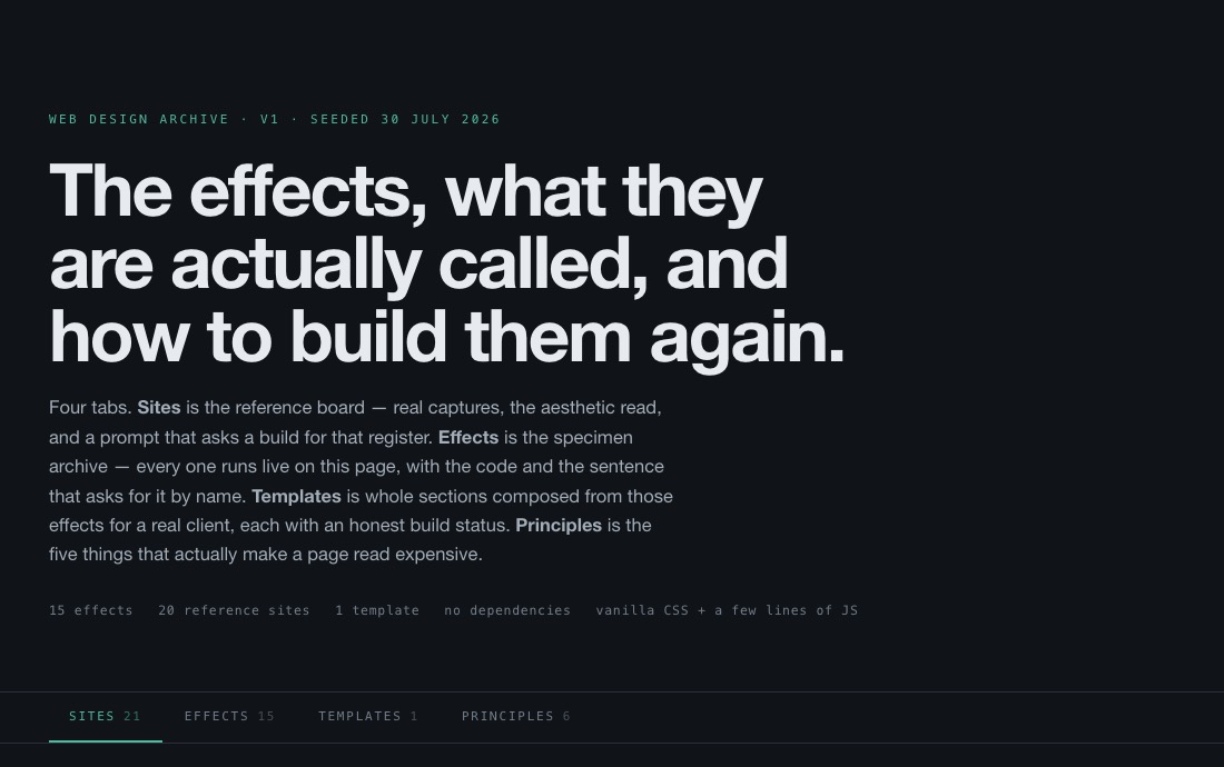 The Design Archive — a browsable cross-reference of effect and site.